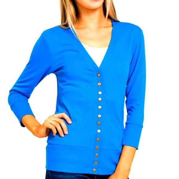Zenana Sweater Womens L Large Bright Blue Cardigan Snap Slim Fit Lightweight NEW - Picture 2 of 4